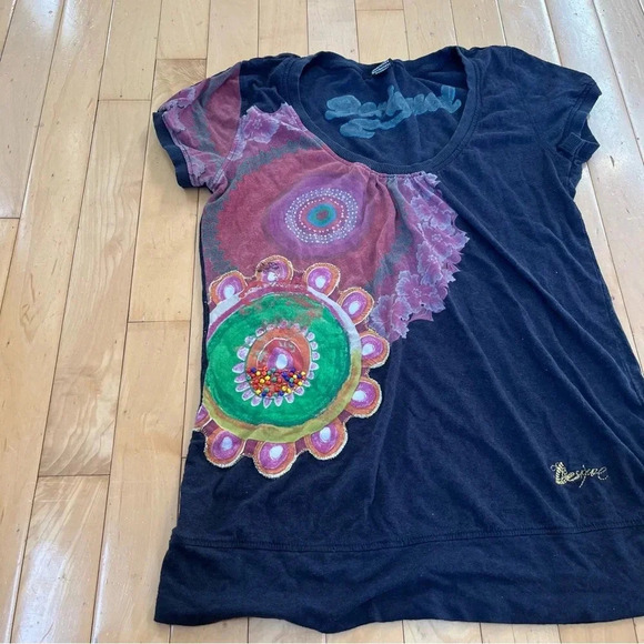 Desigual Womens Beaded Short Sleeve Top Size S Multicolored Boho Indie Y2K - Picture 4 of 10